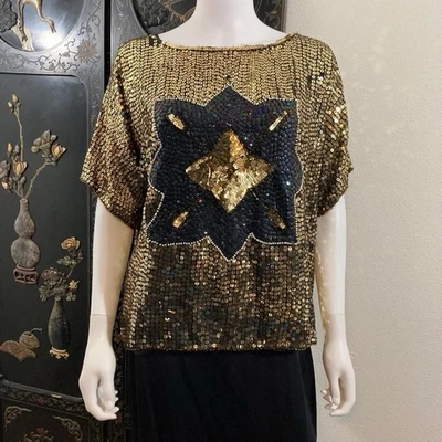 Vintage Sequin 1980’s Disco Blouse, 100% Silk, Beaded Top- Size Medium - Image 1 of 4