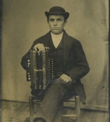 Young Dapper Accordion Musician 1860 Tintype Music Instrument Bowler Hat Photo - Image 1 of 3