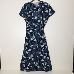 Leith Womens M Wrap Dress Blue White Floral Print Short Sleeve Lined Knee Length
