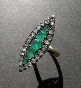 Antiker französischer Ring viktorianisches Zeitalter 18 K Gold Smaragde Diamant Marquise - Bild 1 von 9