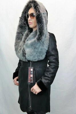 Abrigo chaqueta con capucha Toscana 100 % piel de oveja piel de oveja real XS-6XL piel negra Foto 1 de 4