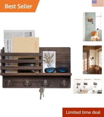 Elegant Wooden Mail Sorter & Key Holder Rack with 4 Double Hooks - Easy Install - Image 1 of 4