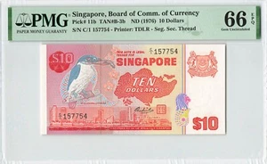 SINGAPORE 10 Dollars 1976, P-11b Bird Series, PMG 66 EPQ Gem UNC, Prefix C/1 - Picture 1 of 2