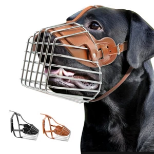 Leather Dog Mouth Metal Muzzle Adjustable Anti-Bite No Bark Cover Protector S-L - Foto 1 di 14