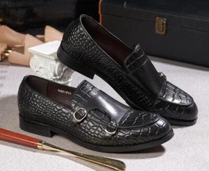 Mens Fashion British Round Toe Buckle Strap Textured Loafers Party Leather Shoes - Picture 1 of 11