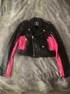 JUICY COUTURE. RARE PINK AND BLACK SOFT LEATHER MOTO JACKET