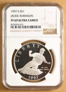 1997 S Jackie Robinson Commemorative Silver Dollar NGC PF 69 Ultra Cameo - Picture 1 of 2