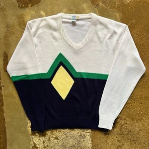 Vintage Izod Geometric Print Knit Sweater Mens Large V Neck Pullover 80s Preppy - Picture 1 of 6