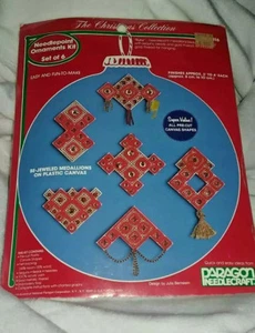 VTG Paragon  Christmas Ornament Kit MAKES 6 Plastic Canvas Be-jeweled Medallion - Picture 1 of 6