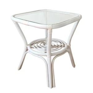 Rich Coffee Table with Glass Top Leo Wicker Rattan Handmade Color White - Picture 1 of 3
