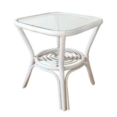 Mesa de centro rica con tapa de vidrio Leo mimbre ratán hecha a mano color blanco Foto 1 de 3