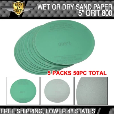 50PCS Wet Dry Green Sanding Paper Collision Repair Sand Disc 800 Grit 5Inch PSA - Image 1 of 4