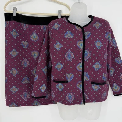 Vintage Sz M Quilted Floral Jacket & Skirt Set Velvet Trim Cottagecore Office - Image 1 of 4