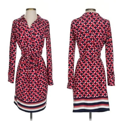 Ellen Tracy Long Sleeve Heart Print Stretch Jersey Red Navy Shirt Dress Small - Image 1 of 4