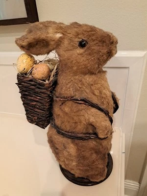 Large 16" H Easter Sisal Straw Primitive Rustic Standing Rabbit Bunny w/ Basket  - Image 1 of 4