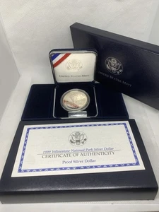 1999 P Yellowstone National Park Silver $1 Dollar Proof Coin w Blue Box & COA - Picture 1 of 3