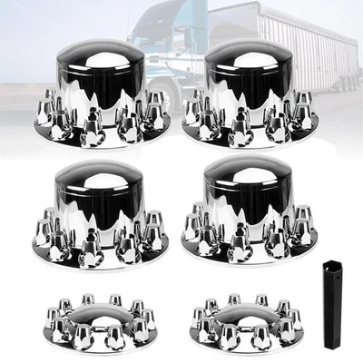 Chrome Hub Cover Semi Truck Wheel Kit Axle Cover 33mm Lug Front & Rear Complete - Image 1 of 4