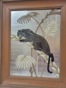 Antique Tropical Art Deco Panther on foil Signed Painting by Van 1940's - Picture 1 of 7