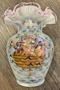Vintage 2002 FENTON Longaberger VASE handbemalt KORB rosa SPALIER signiert - Bild 1 von 6
