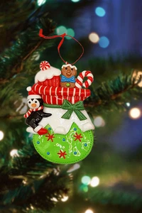 Weihnachtsschmuck - glänzende Lebkuchen Geschenktüte mit Pinguin. Wizardi Festiv... - Bild 1 von 3