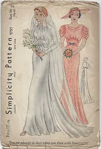 1939 Vintage Sewing Pattern B36" WEDDING & BRIDEMAID DRESS (R851) - Picture 1 of 1