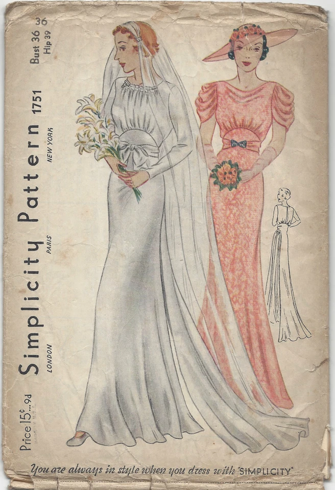 1939 Vintage Sewing Pattern B36" WEDDING & BRIDEMAID DRESS (R851)  - Image 1 of 1