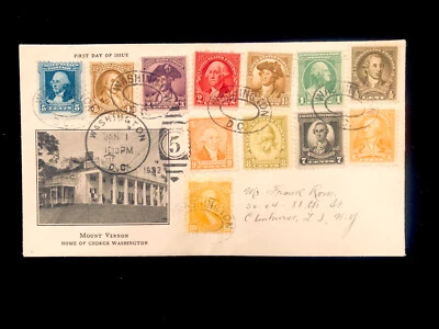 DC WASHINGTON JAN 1 1932 FDC #704-15 WASH. BICENTENNIALS COMPLT 1ST RICE CACHET - Image 1 of 2