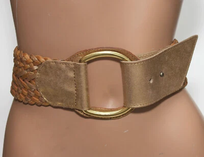 Linea Pelle Wide Braided Gold Leather Belt - Brass Buckle - SIZE M - 38" long - Image 1 of 4