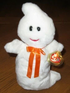 TY Beanie Baby SPOOKY Peluche Bianco 13" GHOST Nastro Arancione/Feltro Bocca GIOCATTOLO - Foto 1 di 4