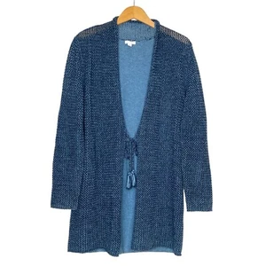 J Jill Women Small Long Cardigan Open Knit Duster Sweater Blue Tassel Wool Blend - Picture 1 of 15