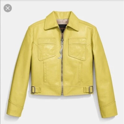 COACH Leather Moto Cropped Jacket Zip Front Slime Lime Yellow Size 10 NWT $1595 - Image 1 of 4