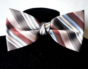 Vintage 1960s/1970s Clip-On Bow Tie. Brown/Beige/Grey Stripes. Geek Chic. - Picture 1 of 5