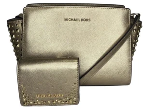 Michael Kors Selma Pale Gold w/gold studs MD Messenger Bag  - Picture 1 of 10