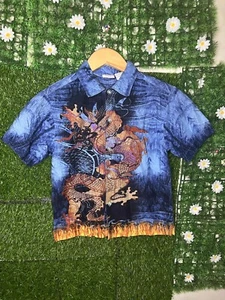 Vintage Y2K Utility Dragon Flame Shirt Youth XS 4/5 Blue Button Up 90s RARE - Picture 1 of 8