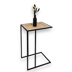 Sofa Side Table C Shaped Coffee Table with Cane Details Side Table Black - Picture 1 of 4