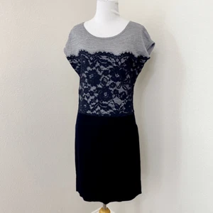 LOFT Merino Wool Blend Sweater Dress Size Small Gray Black Lace - Picture 1 of 5
