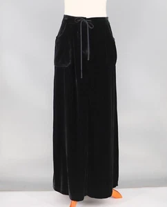 EDDIE BAUER Black Velvet Midi Skirt Back Slit Drawstring Waist Size 10 Tall - Picture 1 of 7