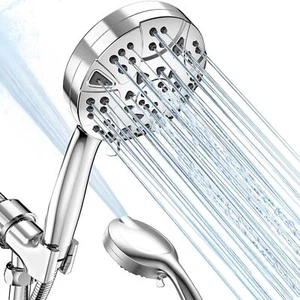 High Pressure 10-mode 5'' Handheld Shower Head with 5 ft Stainless Silver - Picture 1 of 7