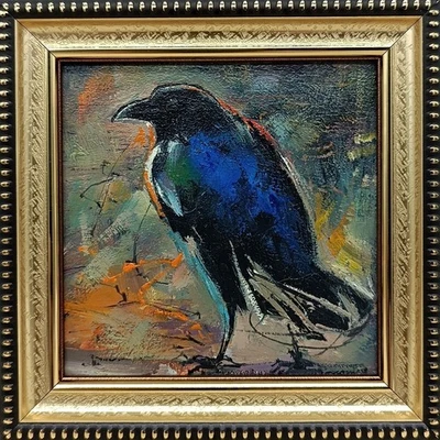 Pintura al óleo original firmada cuervo enmarcado 4x4 pulgadas Foto 1 de 4