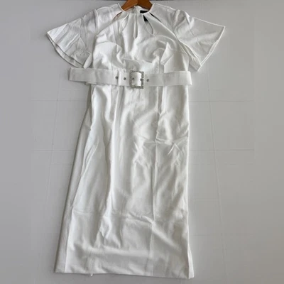 New MIDNIGHT VELVET Lanaya Cutout Sheath Midi Dress Rhinestone Belt White SZ 12 - Image 1 of 4