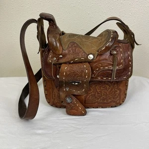 Vintage Leather Hand Tooled Saddle Bag Brown Western Novelty Western Horse - Picture 1 of 14