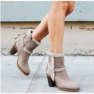Neu ohne Karton Frye Jen Damen-Lammfellstiefel grau Wildleder kurzer Knöchelreißverschluss Winterstil 7  - Bild 1 von 9