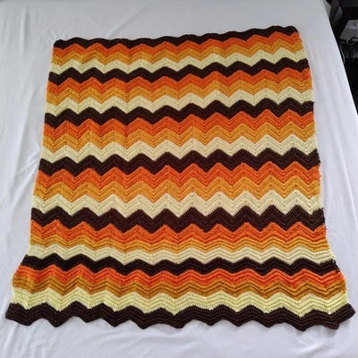Crochet Chevron Zig Zag Manta Afgana Tejida 51x53 Retro Ondulado Marrón Naranja Foto 1 de 4