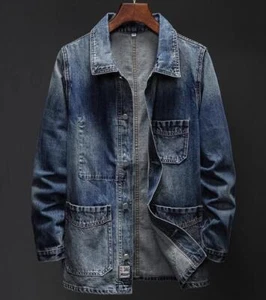 Traje de mezclilla azul vinrage para hombre de longitud media traje abrigo bolsillos chaqueta informal de gran tamaño - Imagen 1 de 8