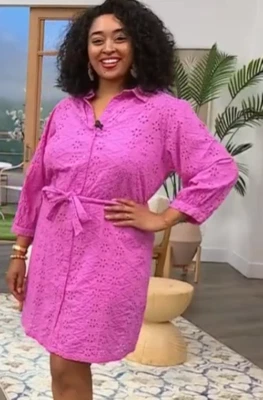 Colleen Lopez Pink Luxe Cotton Eyelet Shirt Dress 1X 2 Piece Candy Berry New - Image 1 of 3