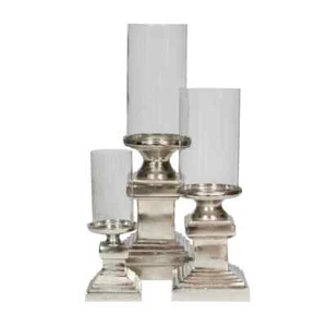 Set 3 Antique Silver Nickel Plated Hurricane Lamp Glass Pillar Candle Holder - Picture 1 of 1