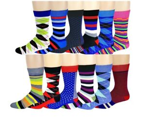 Different Touch 12 Pairs Mens Colorful Fashion Assorted Design Dress Socks 10-13