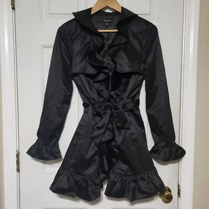 Bebe Black Satin Ruffle Waist Tie Trench Coat Size XS - Picture 1 of 12
