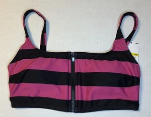 Michael Kors Bikini Top Med.  Zip Front Top Rugby Style Stripes Black & Pink - Picture 1 of 6