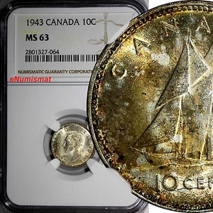 CANADÁ Jorge VI plata 1943 10 centavos NGC MS63 ligeramente tonificado KM# 34 (064) - Imagen 1 de 3